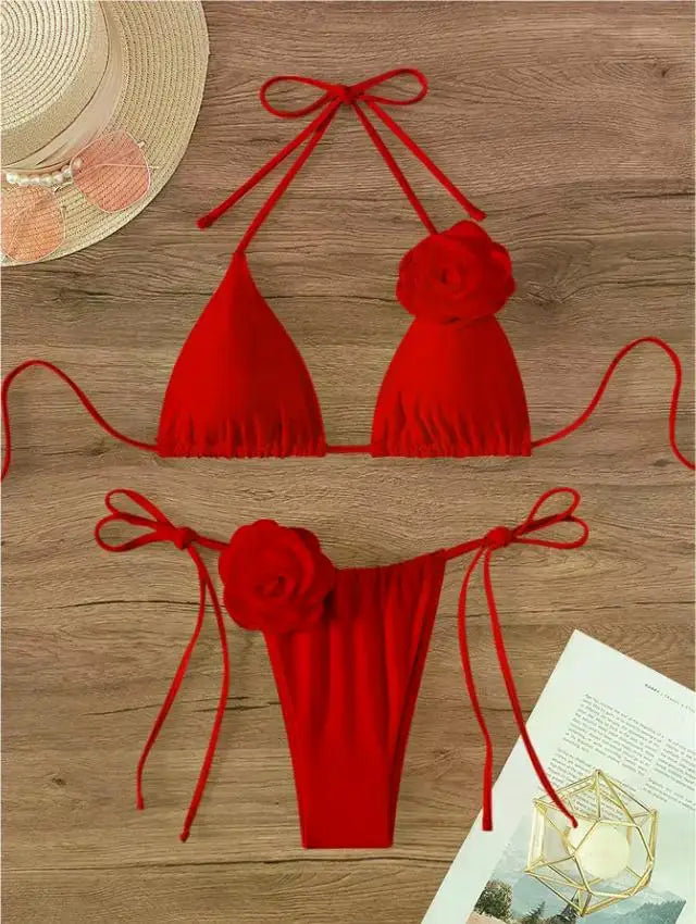 Sexy 3D Flowers Halter Strappy Bikini Women Swimwear