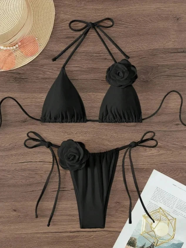 Sexy 3D Flowers Halter Strappy Bikini Women Swimwear