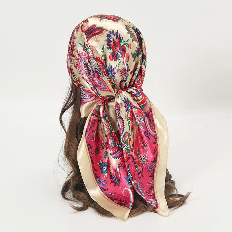 Satin Square Scarf Women Muslim Hijab Elegant Print Silk Neckerchief Shawl Wraps Headband Handle Hair Accessories Bandana