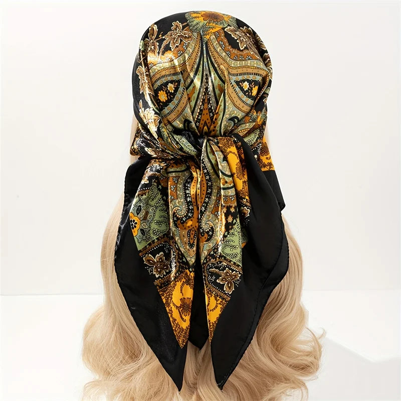 Satin Square Scarf Women Muslim Hijab Elegant Print Silk Neckerchief Shawl Wraps Headband Handle Hair Accessories Bandana