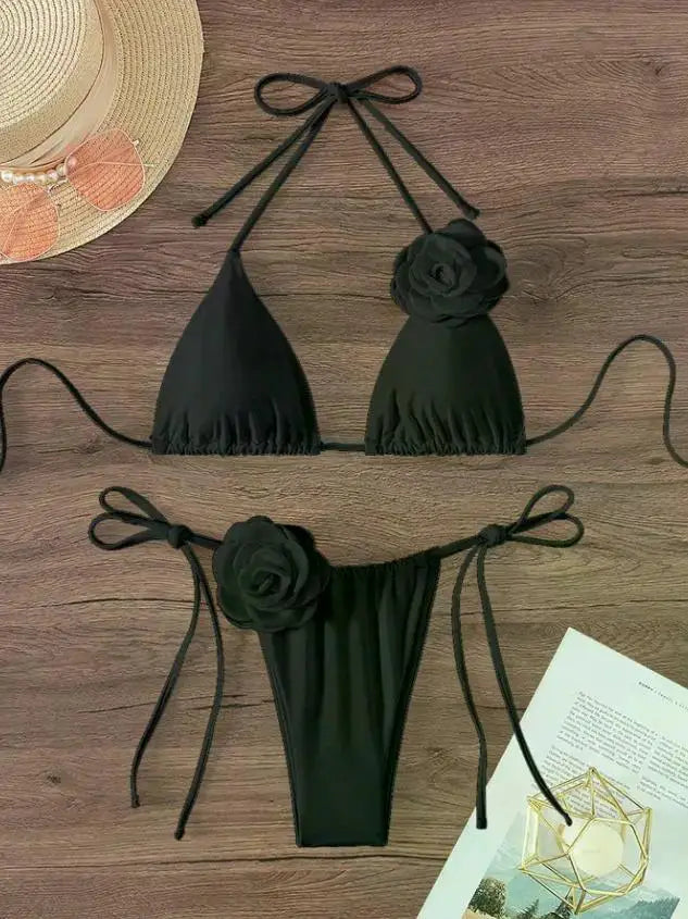 Sexy 3D Flowers Halter Strappy Bikini Women Swimwear