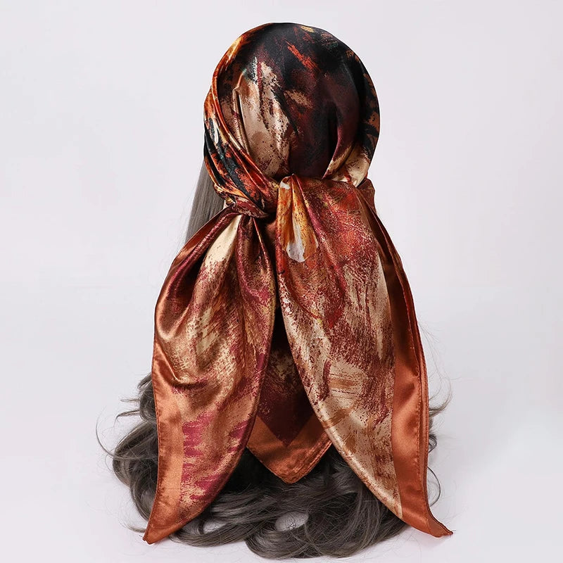 Satin Square Scarf Women Muslim Hijab Elegant Print Silk Neckerchief Shawl Wraps Headband Handle Hair Accessories Bandana