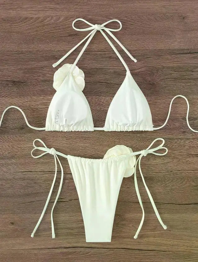 Sexy 3D Flowers Halter Strappy Bikini Women Swimwear