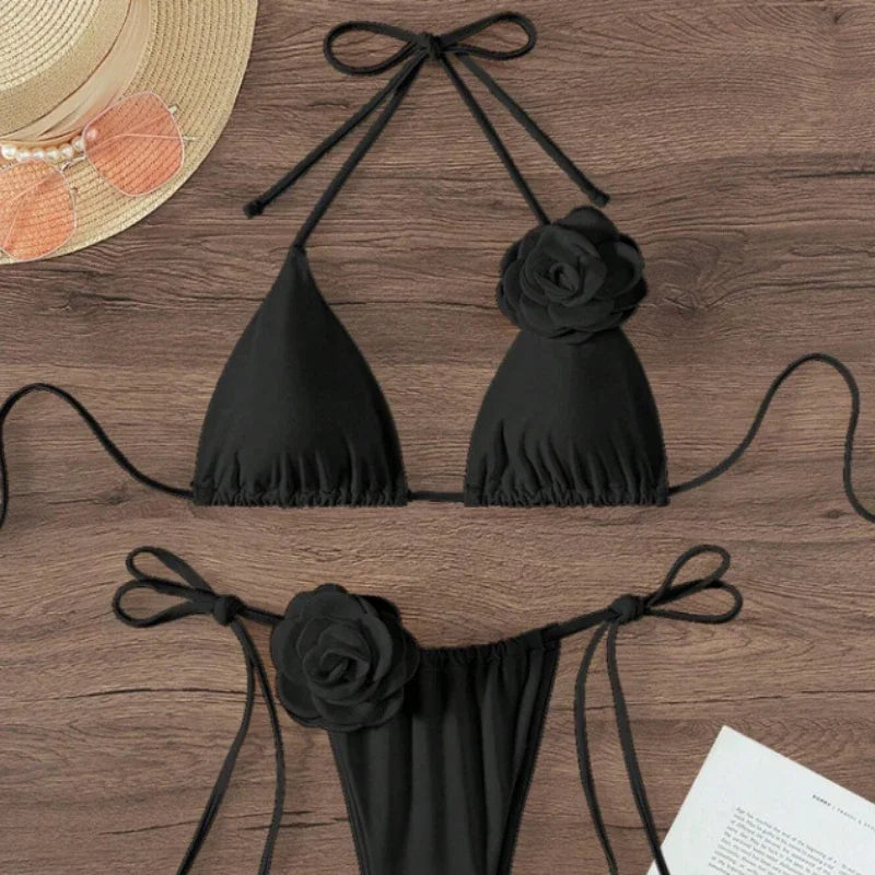 Sexy 3D Flowers Halter Strappy Bikini Women Swimwear