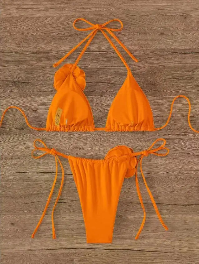 Sexy 3D Flowers Halter Strappy Bikini Women Swimwear