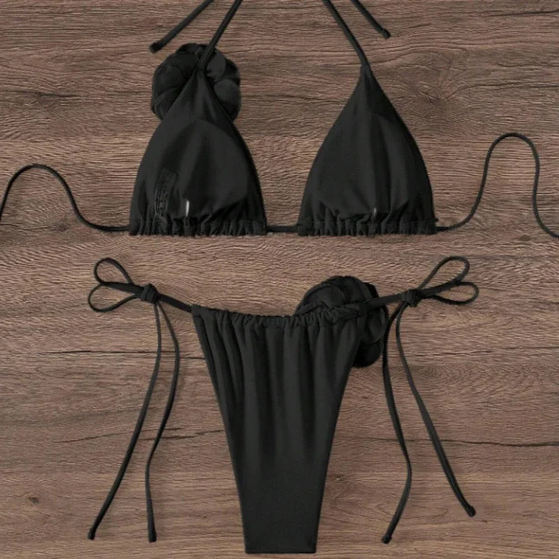 Sexy 3D Flowers Halter Strappy Bikini Women Swimwear