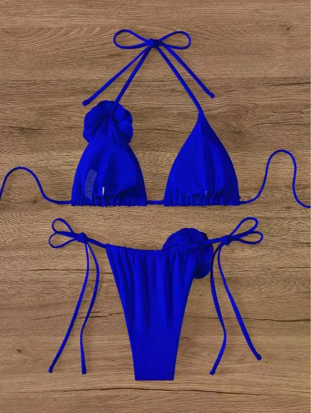 Sexy 3D Flowers Halter Strappy Bikini Women Swimwear