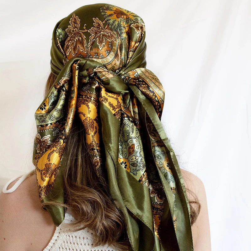 Satin Square Scarf Women Muslim Hijab Elegant Print Silk Neckerchief Shawl Wraps Headband Handle Hair Accessories Bandana
