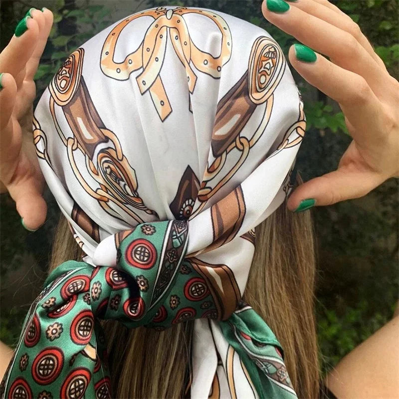 Satin Square Scarf Women Muslim Hijab Elegant Print Silk Neckerchief Shawl Wraps Headband Handle Hair Accessories Bandana