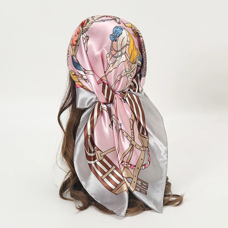 Satin Square Scarf Women Muslim Hijab Elegant Print Silk Neckerchief Shawl Wraps Headband Handle Hair Accessories Bandana