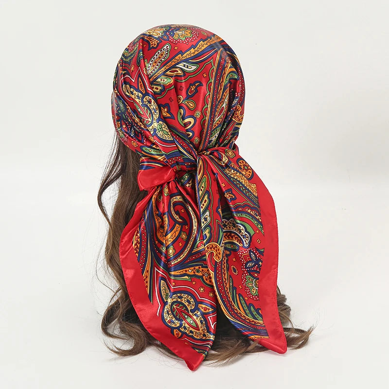 Satin Square Scarf Women Muslim Hijab Elegant Print Silk Neckerchief Shawl Wraps Headband Handle Hair Accessories Bandana