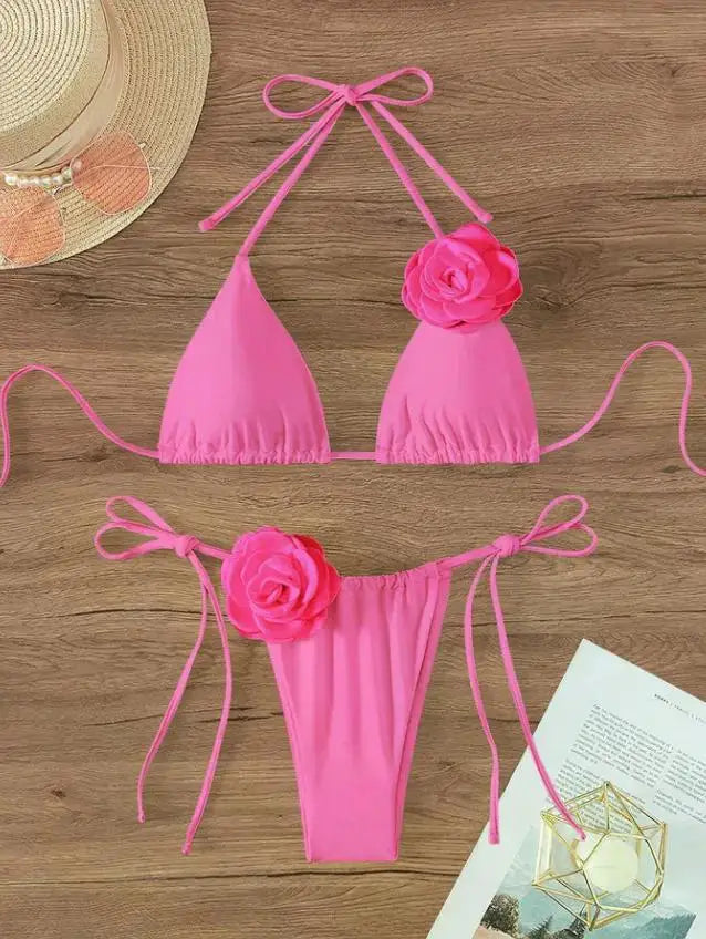 Sexy 3D Flowers Halter Strappy Bikini Women Swimwear