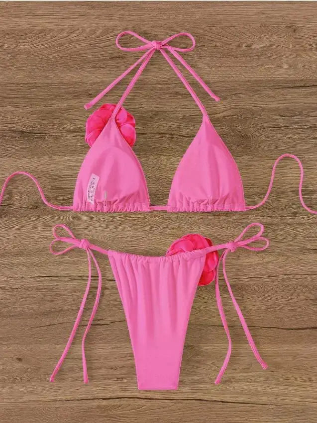 Sexy 3D Flowers Halter Strappy Bikini Women Swimwear