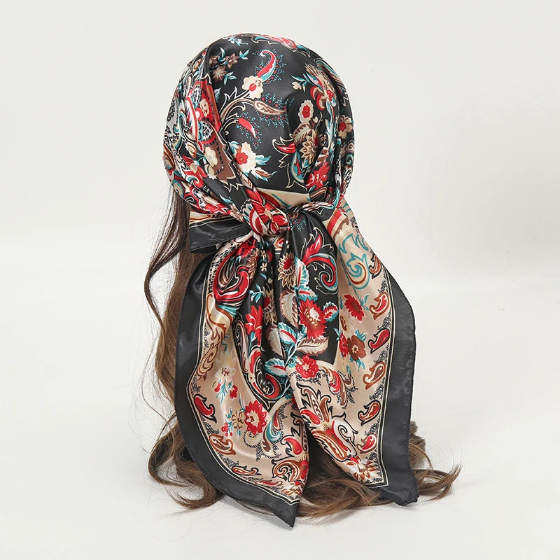 Satin Square Scarf Women Muslim Hijab Elegant Print Silk Neckerchief Shawl Wraps Headband Handle Hair Accessories Bandana