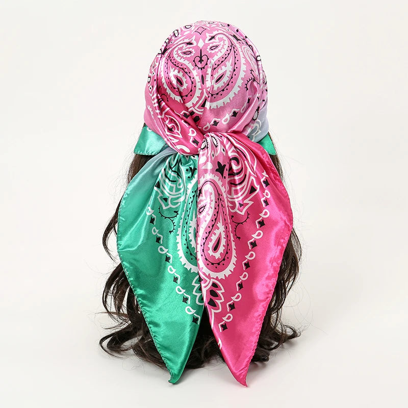 Satin Square Scarf Women Muslim Hijab Elegant Print Silk Neckerchief Shawl Wraps Headband Handle Hair Accessories Bandana