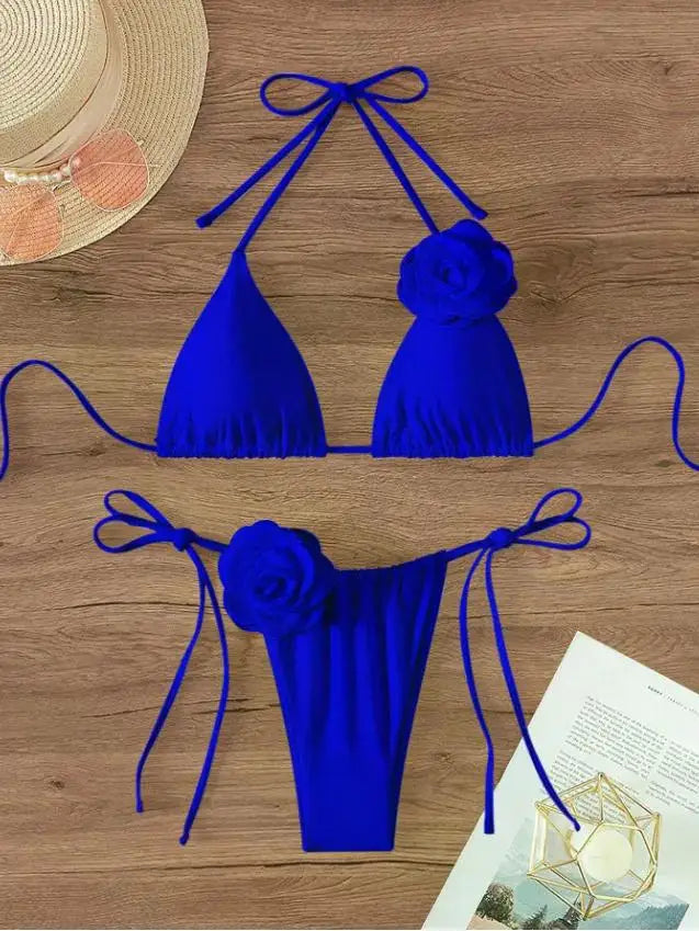 Sexy 3D Flowers Halter Strappy Bikini Women Swimwear