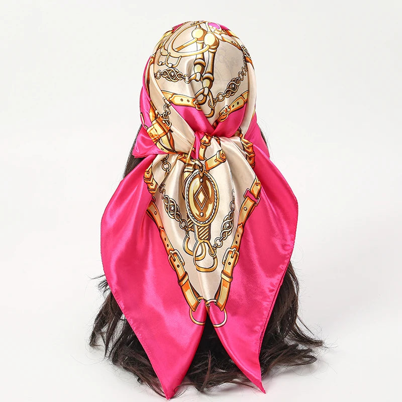 Satin Square Scarf Women Muslim Hijab Elegant Print Silk Neckerchief Shawl Wraps Headband Handle Hair Accessories Bandana