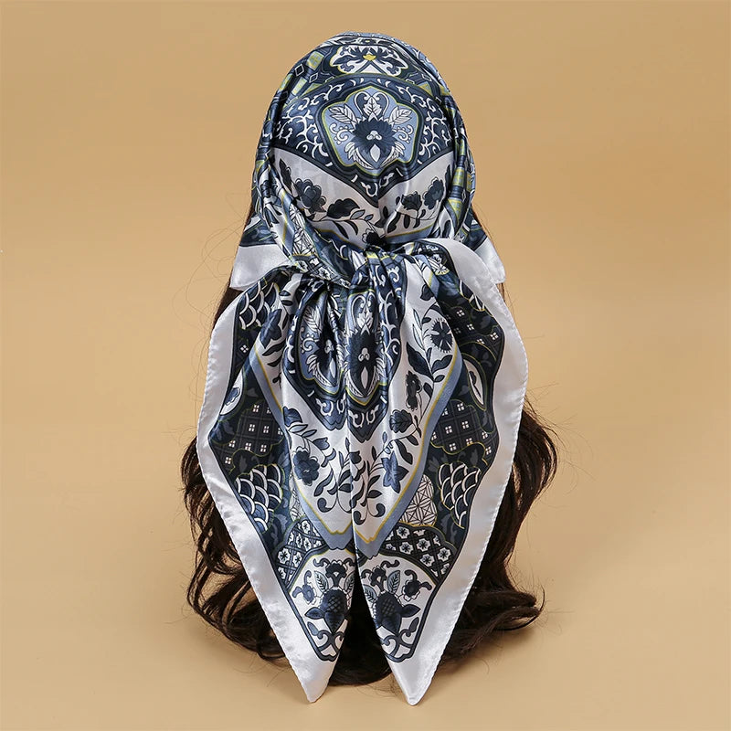 Satin Square Scarf Women Muslim Hijab Elegant Print Silk Neckerchief Shawl Wraps Headband Handle Hair Accessories Bandana