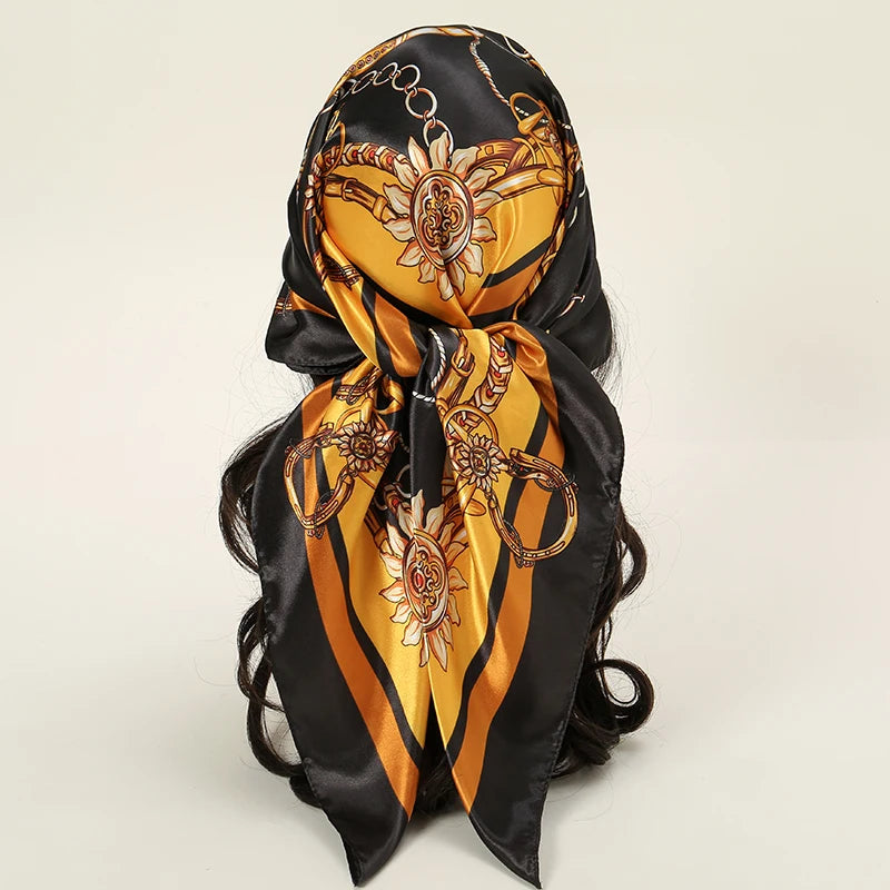 Satin Square Scarf Women Muslim Hijab Elegant Print Silk Neckerchief Shawl Wraps Headband Handle Hair Accessories Bandana
