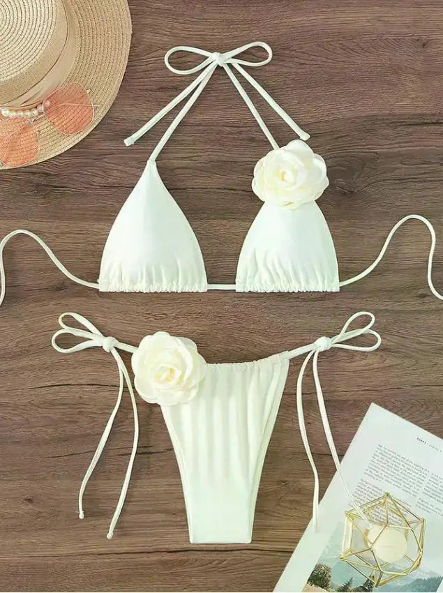 Sexy 3D Flowers Halter Strappy Bikini Women Swimwear