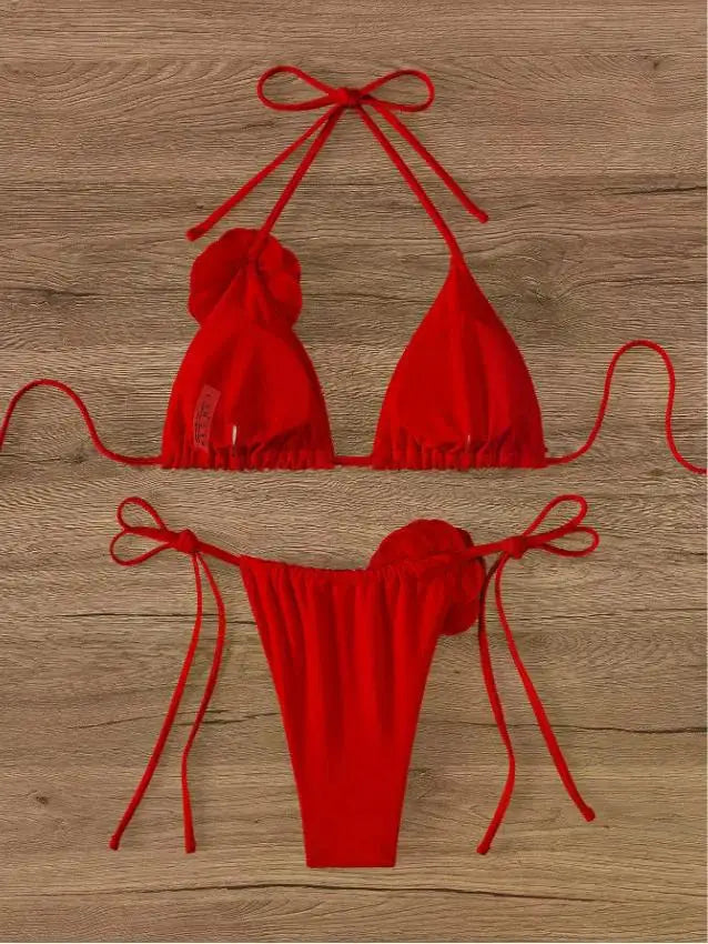 Sexy 3D Flowers Halter Strappy Bikini Women Swimwear