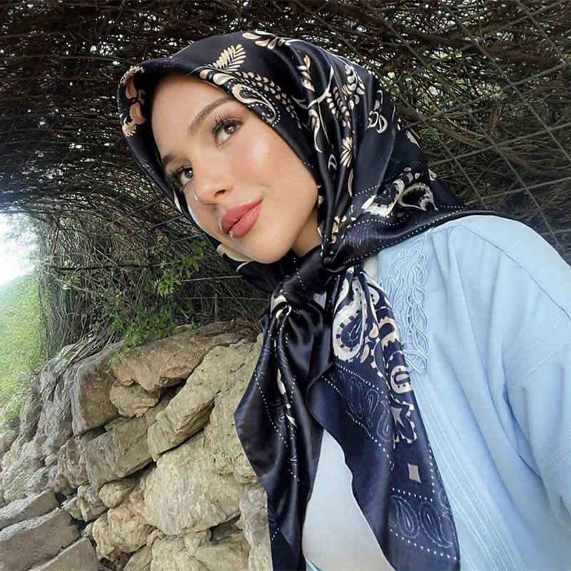 Satin Square Scarf Women Muslim Hijab Elegant Print Silk Neckerchief Shawl Wraps Headband Handle Hair Accessories Bandana