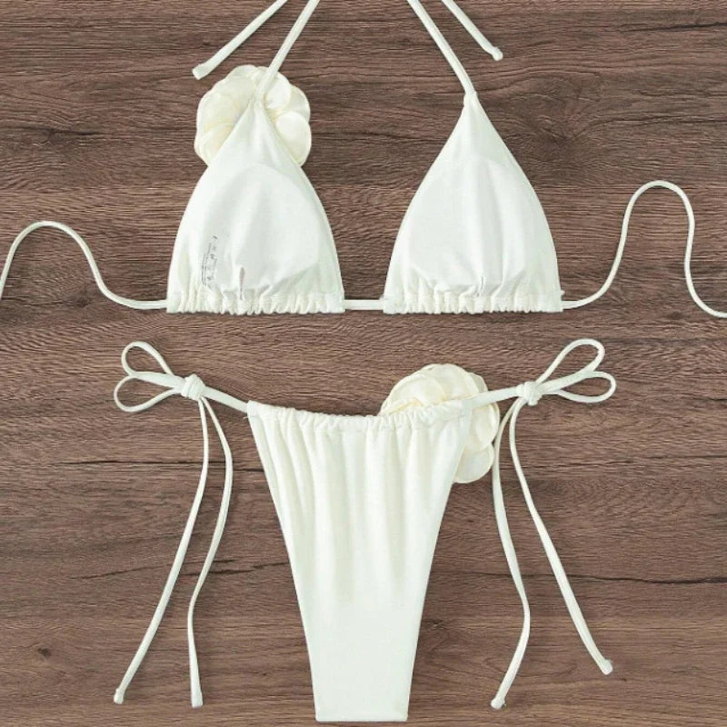 Sexy 3D Flowers Halter Strappy Bikini Women Swimwear