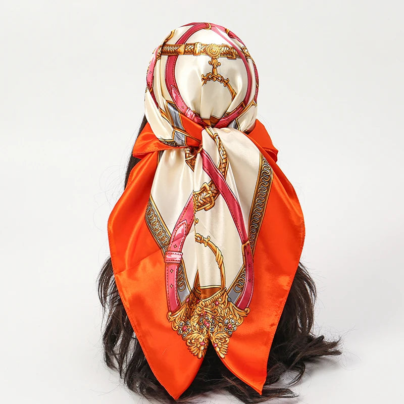 Satin Square Scarf Women Muslim Hijab Elegant Print Silk Neckerchief Shawl Wraps Headband Handle Hair Accessories Bandana