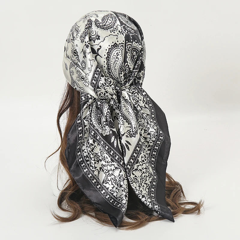 Satin Square Scarf Women Muslim Hijab Elegant Print Silk Neckerchief Shawl Wraps Headband Handle Hair Accessories Bandana