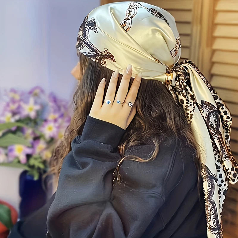 Satin Square Scarf Women Muslim Hijab Elegant Print Silk Neckerchief Shawl Wraps Headband Handle Hair Accessories Bandana