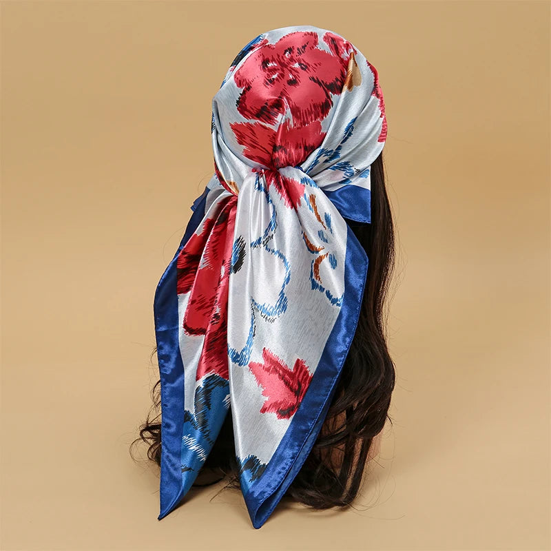Satin Square Scarf Women Muslim Hijab Elegant Print Silk Neckerchief Shawl Wraps Headband Handle Hair Accessories Bandana