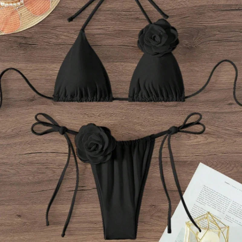 Sexy 3D Flowers Halter Strappy Bikini Women Swimwear