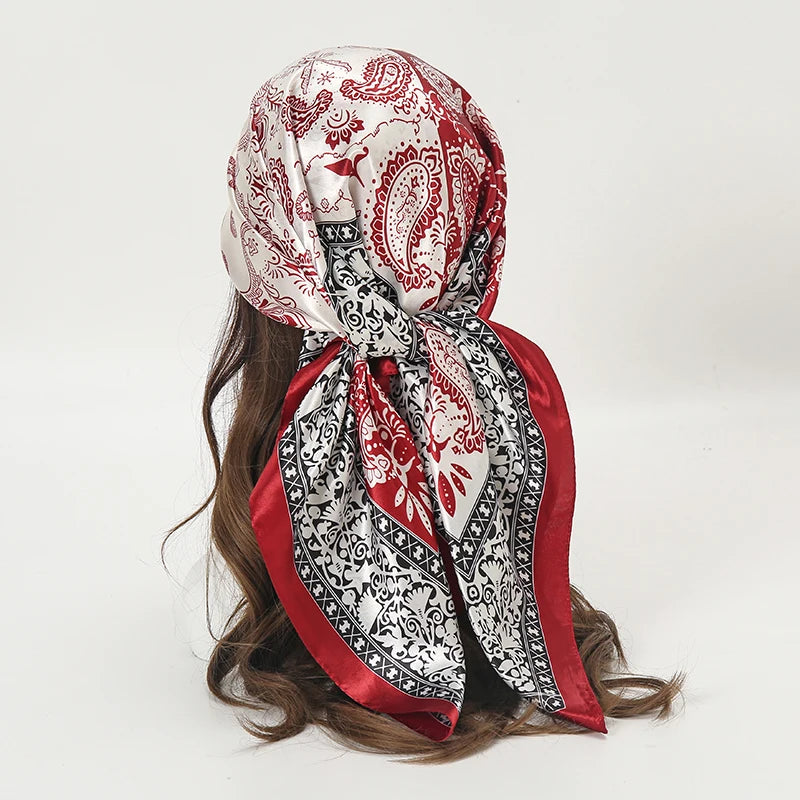 Satin Square Scarf Women Muslim Hijab Elegant Print Silk Neckerchief Shawl Wraps Headband Handle Hair Accessories Bandana