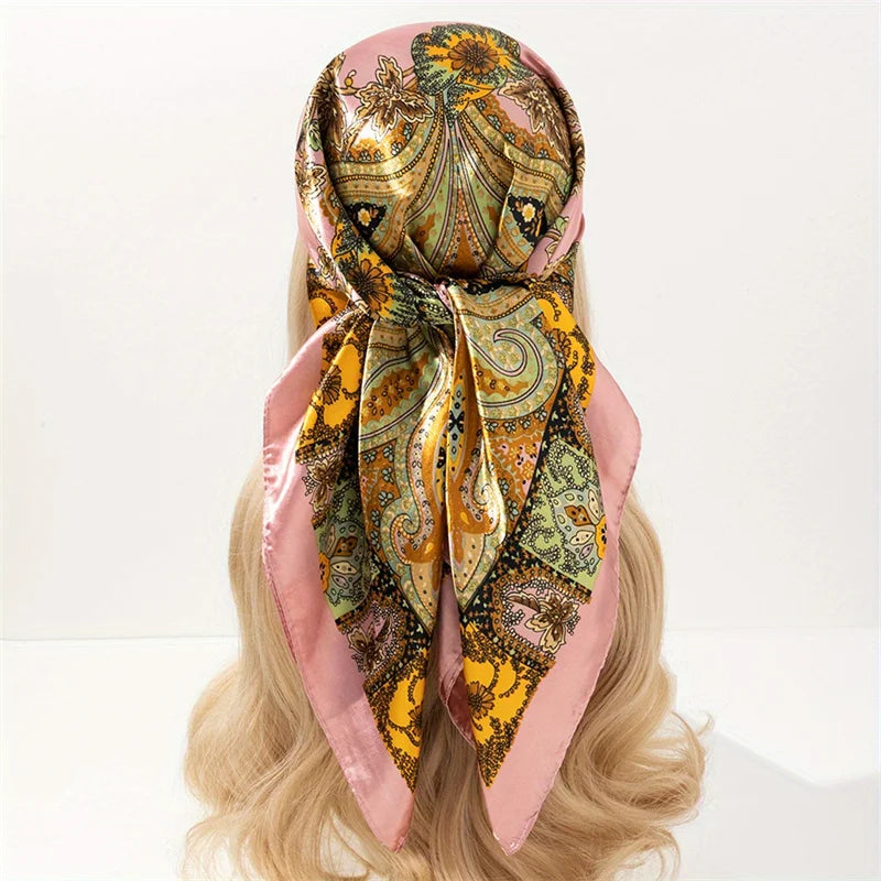 Satin Square Scarf Women Muslim Hijab Elegant Print Silk Neckerchief Shawl Wraps Headband Handle Hair Accessories Bandana