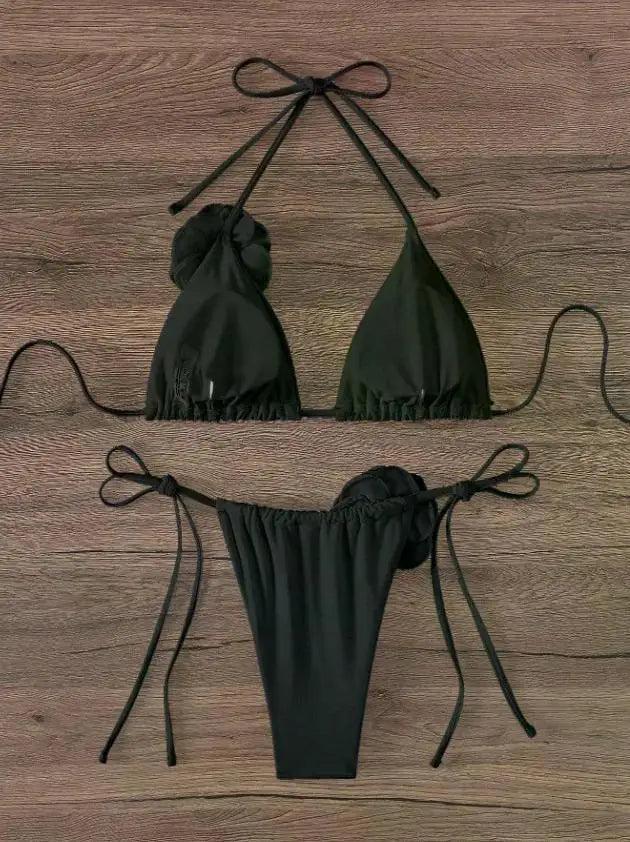 Sexy 3D Flowers Halter Strappy Bikini Women Swimwear