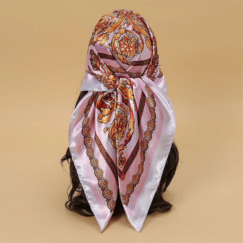 Satin Square Scarf Women Muslim Hijab Elegant Print Silk Neckerchief Shawl Wraps Headband Handle Hair Accessories Bandana
