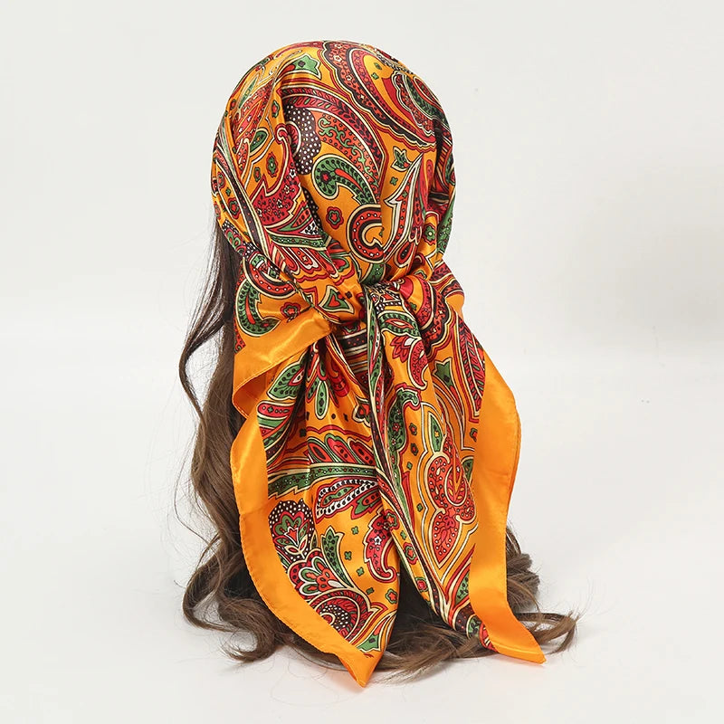 Satin Square Scarf Women Muslim Hijab Elegant Print Silk Neckerchief Shawl Wraps Headband Handle Hair Accessories Bandana