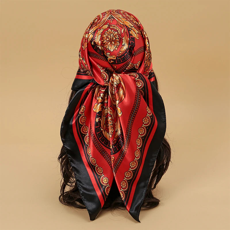 Satin Square Scarf Women Muslim Hijab Elegant Print Silk Neckerchief Shawl Wraps Headband Handle Hair Accessories Bandana