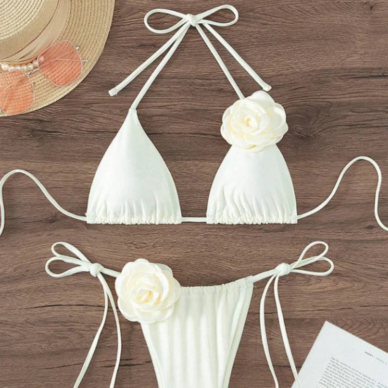 Sexy 3D Flowers Halter Strappy Bikini Women Swimwear