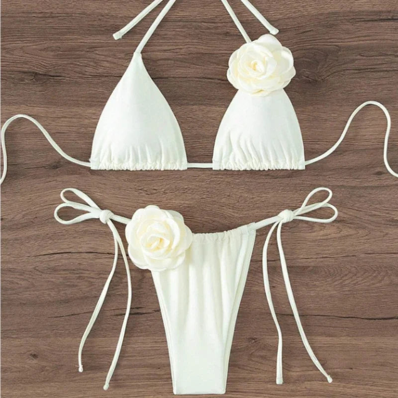 Sexy 3D Flowers Halter Strappy Bikini Women Swimwear