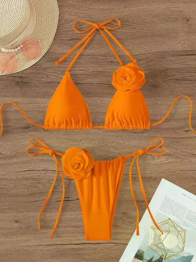 Sexy 3D Flowers Halter Strappy Bikini Women Swimwear