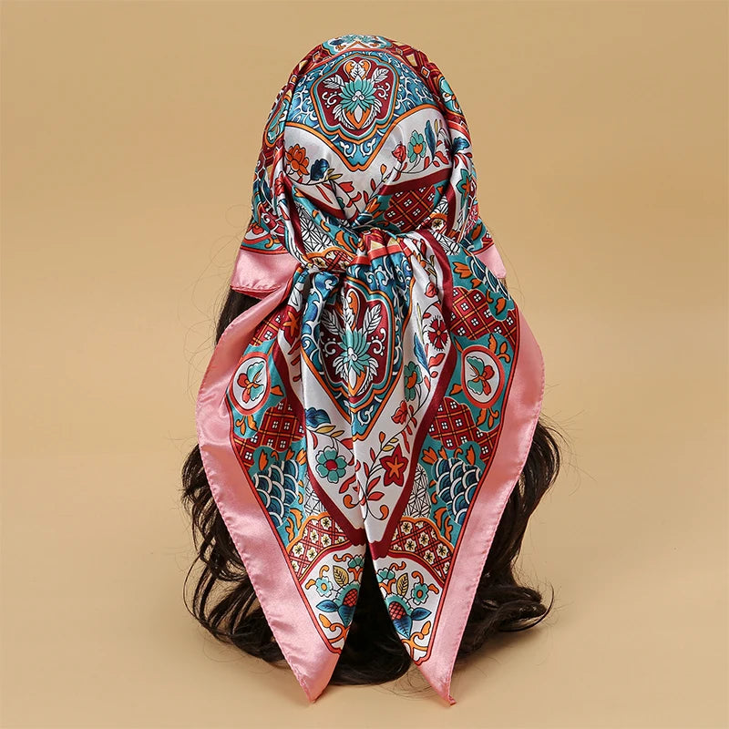 Satin Square Scarf Women Muslim Hijab Elegant Print Silk Neckerchief Shawl Wraps Headband Handle Hair Accessories Bandana