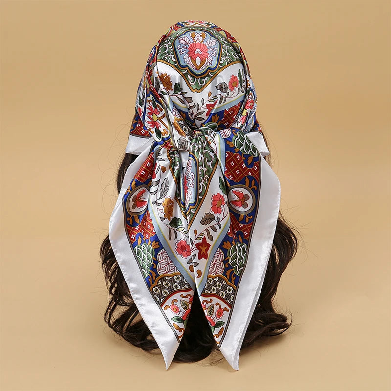 Satin Square Scarf Women Muslim Hijab Elegant Print Silk Neckerchief Shawl Wraps Headband Handle Hair Accessories Bandana